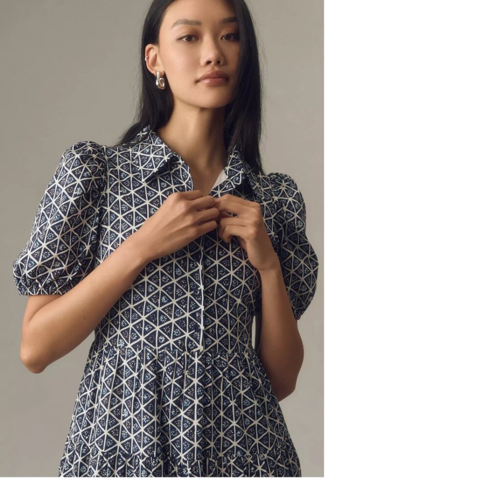 anthropologie English Factory Puff-Sleeve Tiered Midi Shirt Dress M blue new NWT - Picture 3 of 5